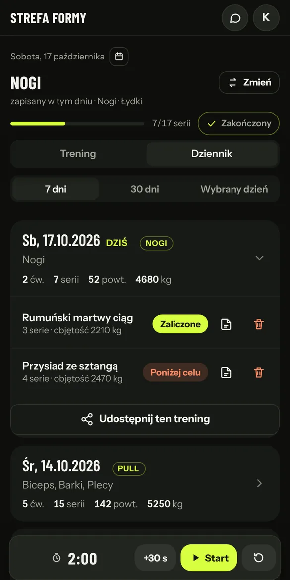 Dziennik zapisanych treningów