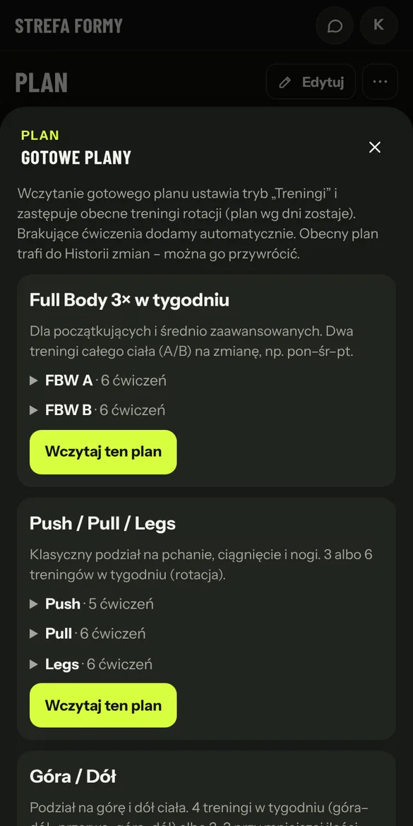 Gotowe plany: Full Body, Push/Pull/Legs, Góra/Dół