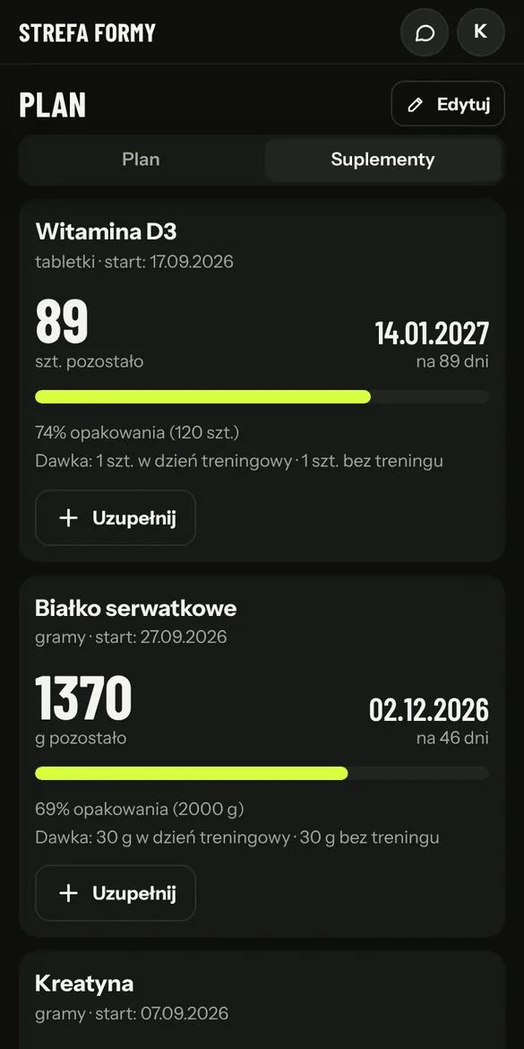 Suplementy z zapasem i datą końca opakowania
