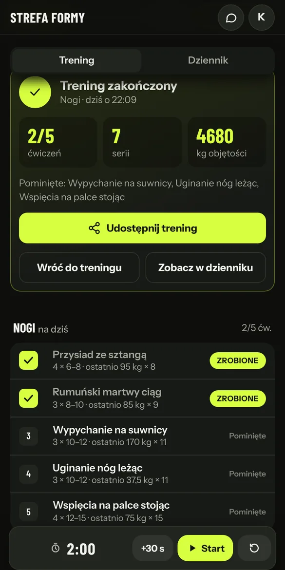 Podsumowanie po „Zakończ trening” z rekordami