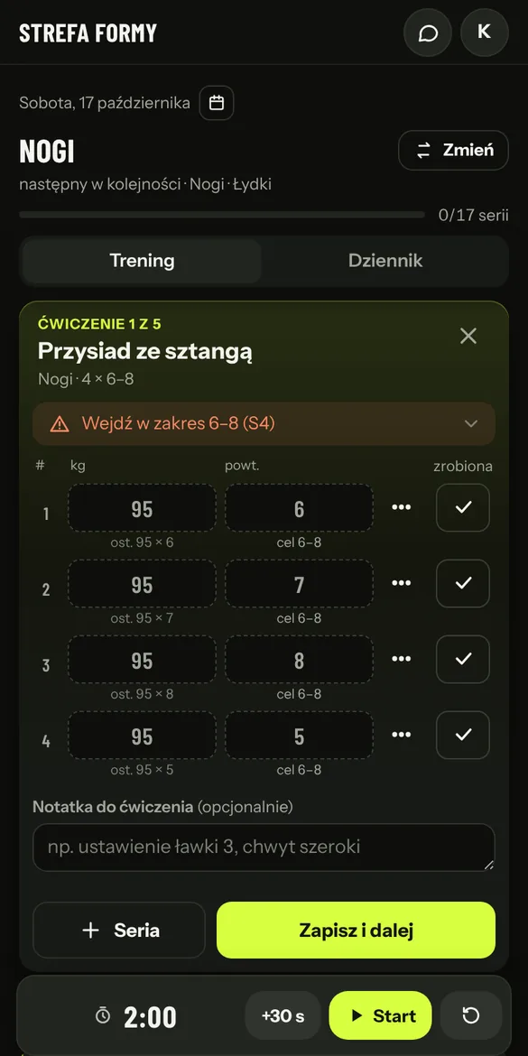 Ekran treningu z seriami, podpowiedzią i timerem przerwy